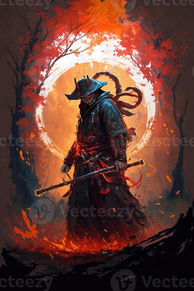 A samurai in a demonic red mask on the battlefield makes a swing with a katana creating a sizzling fire ring around, he is a mystical martial. illustration painting photo