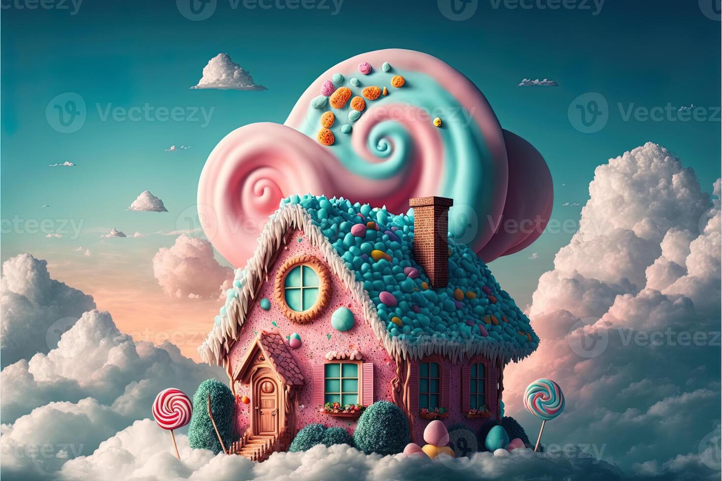 Christmas decorations with colorful gingerbread pink house and colorful candy on white cloud. Winter holidays new year and xmas composition. Amazing fairy Christmas house. photo