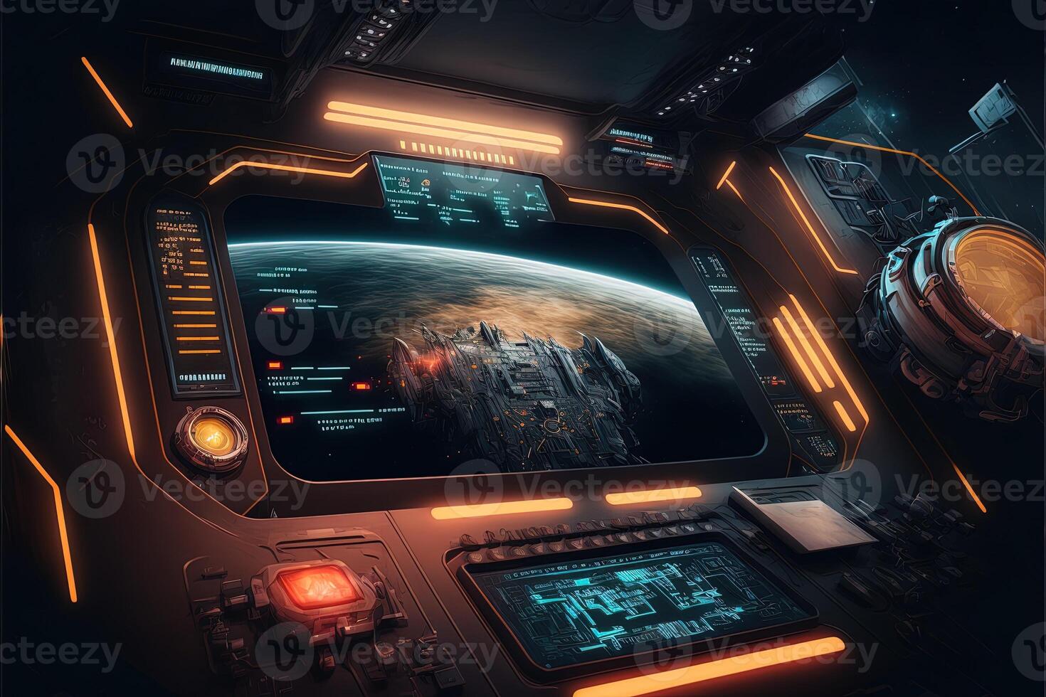 Futuristic navigation system, AR space, floating in the space, flat design, information graphic. Sci-fi space exploration concept. Inside view of the sci-fi cabin of the pilot . photo