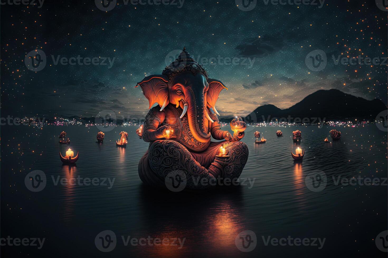 There are many galactic stars in the night sky of a huge massive GANESHA statue, with red lanterns rising in the sky, crowds watching the lantern festival. Ganesha Festival. photo