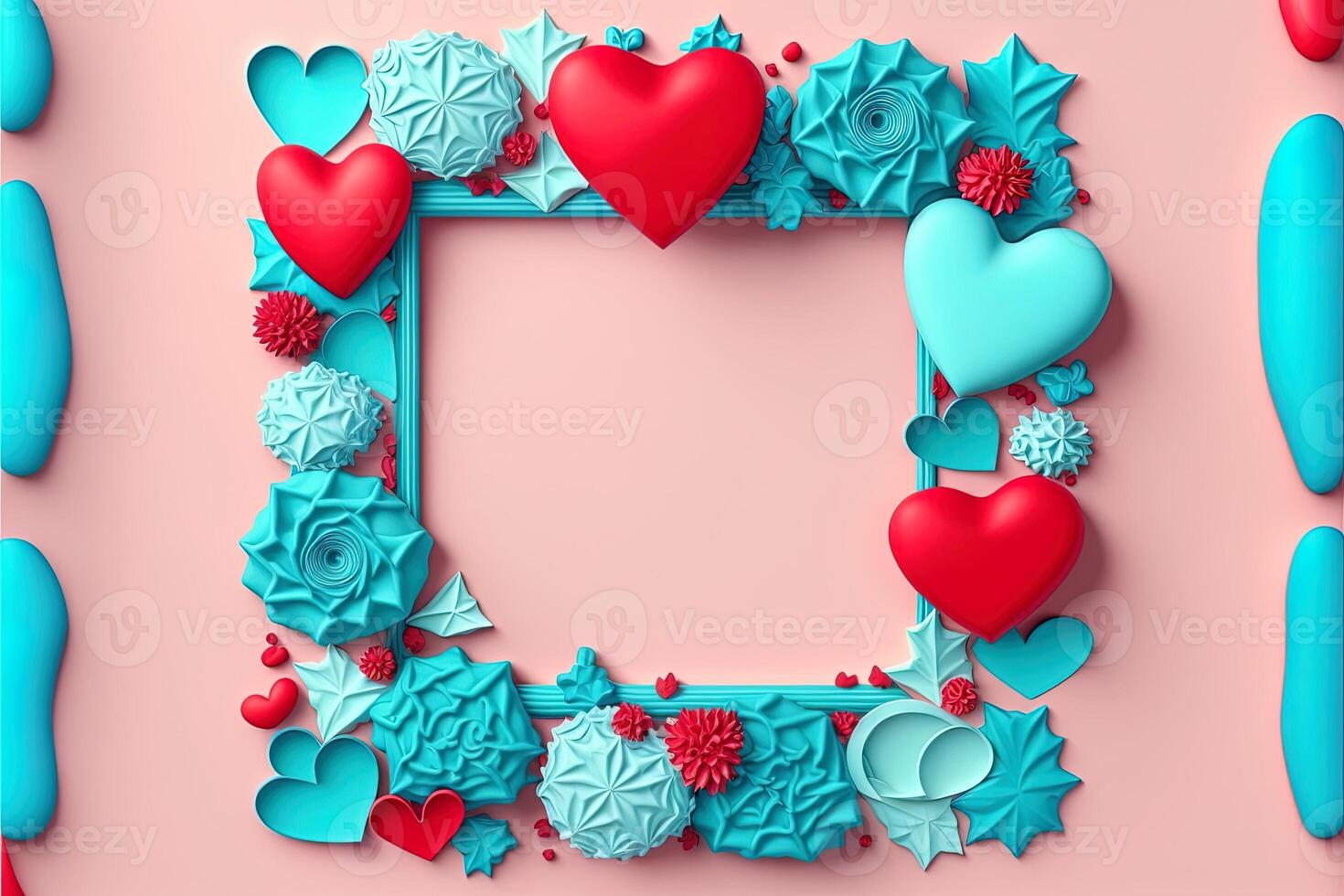 Valentine frame and banner. Red, blue, cyan, pink decoration. flat lay, romantic. Love and valentine day concept. photo