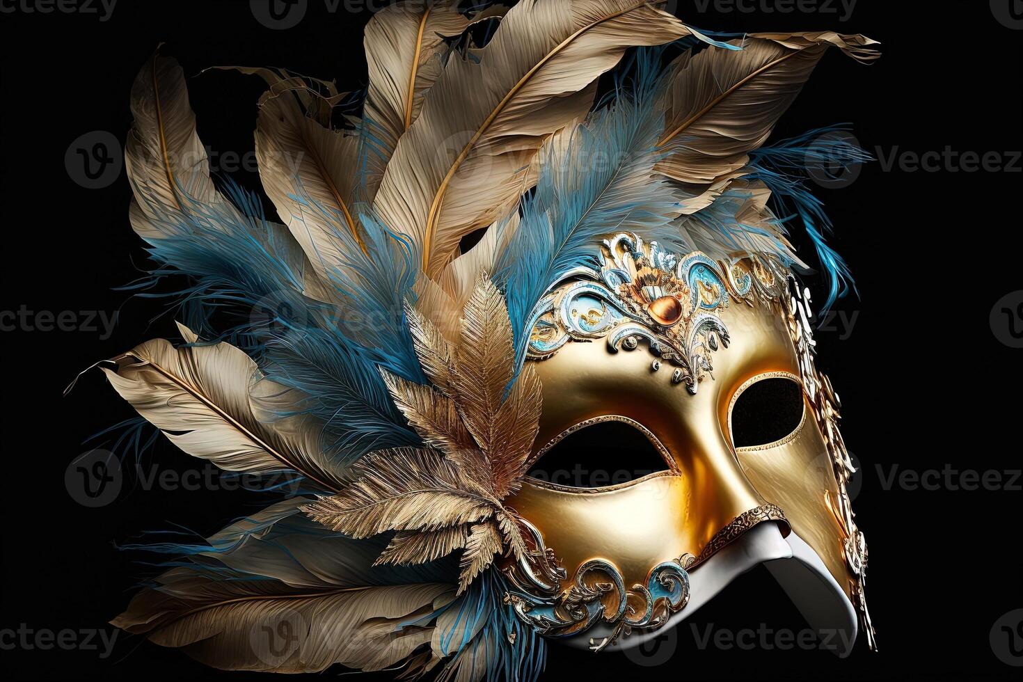 Venetian carnival mask. Gold color, colored feathers. Happy carnival festival, attributes of the Brazilian carnival. Venetian carnival mask and beads decoration. Mardi gras background. photo