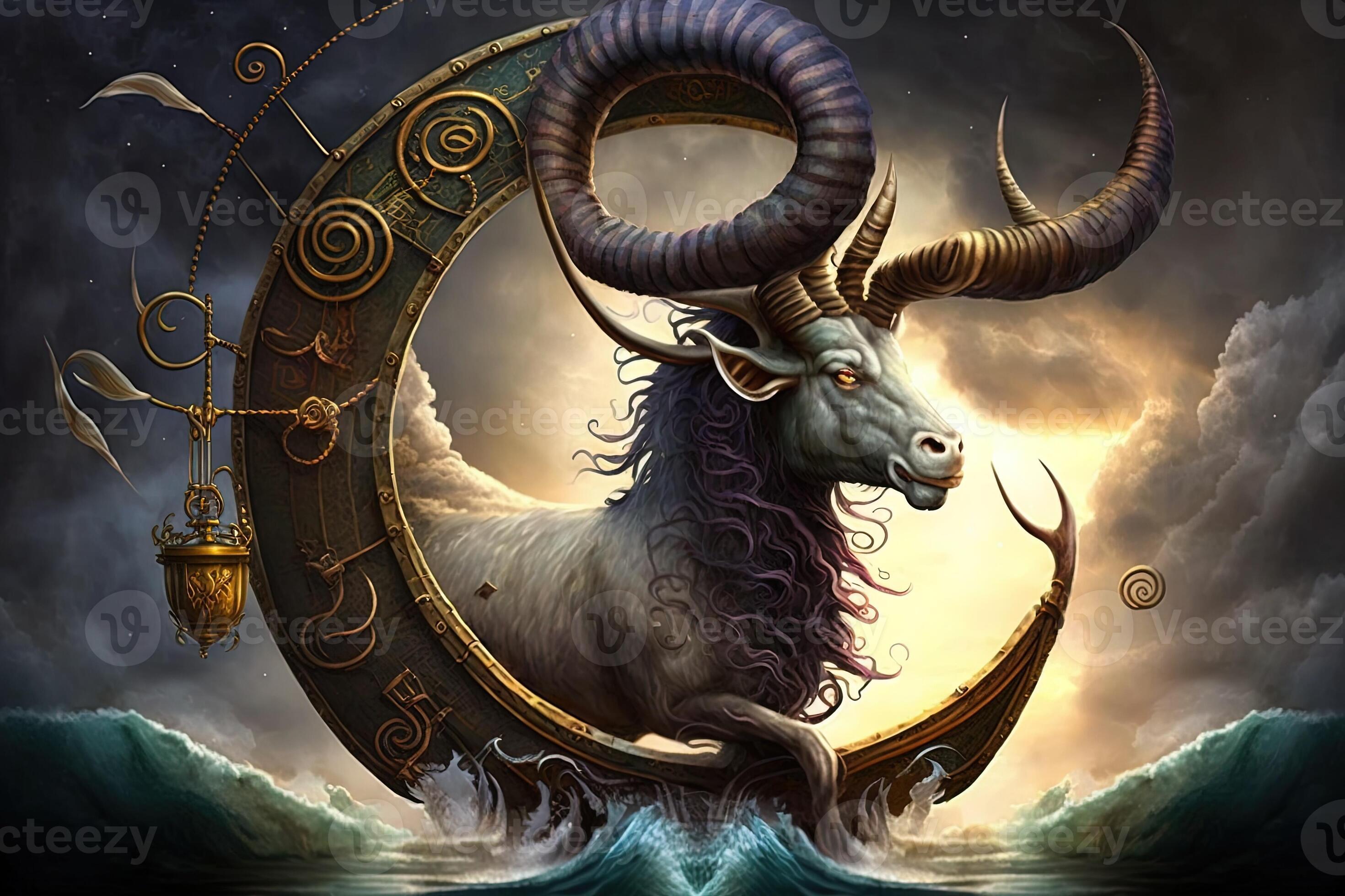 Backdrop of sacred zodiac Capricorn symbols, astrology, alchemy, magic