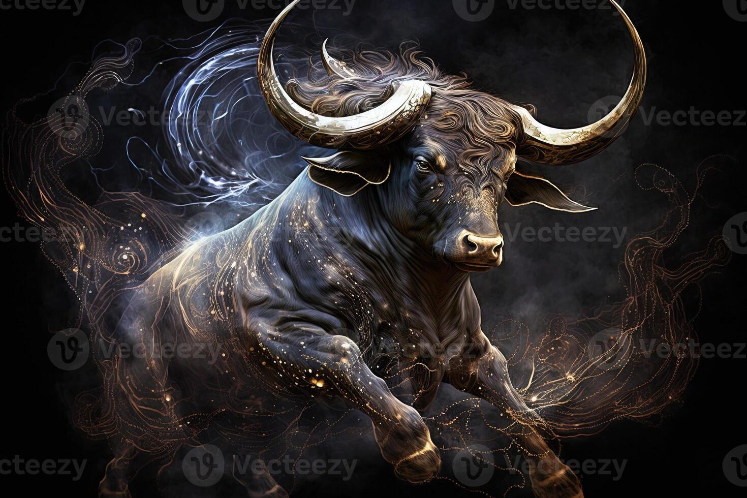 Backdrop of sacred zodiac Taurus symbols, astrology, alchemy, magic, sorcery and fortune telling. digital painting. Zodiac sign Taurus on the starry sky close up photo