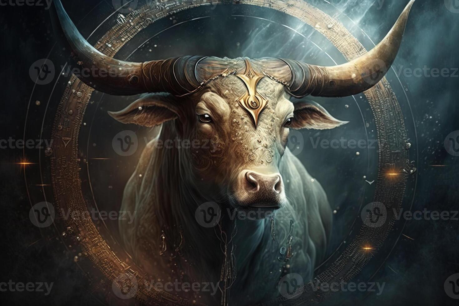 Backdrop of sacred zodiac Taurus symbols, astrology, alchemy, magic, sorcery and fortune telling. digital painting. Zodiac sign Taurus on the starry sky close up photo