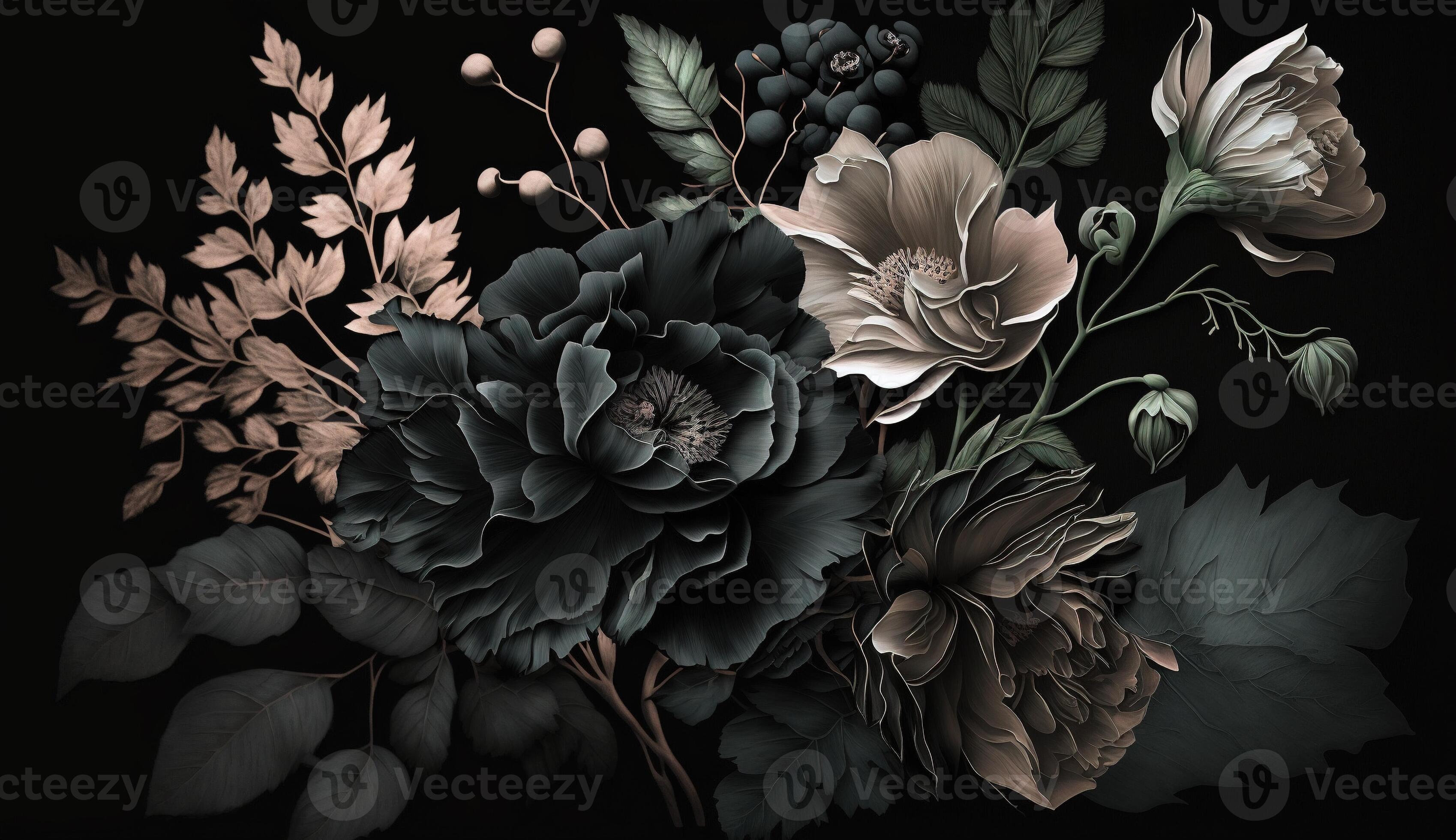 , Close up of blooming flowerbeds of amazing black flowers on dark