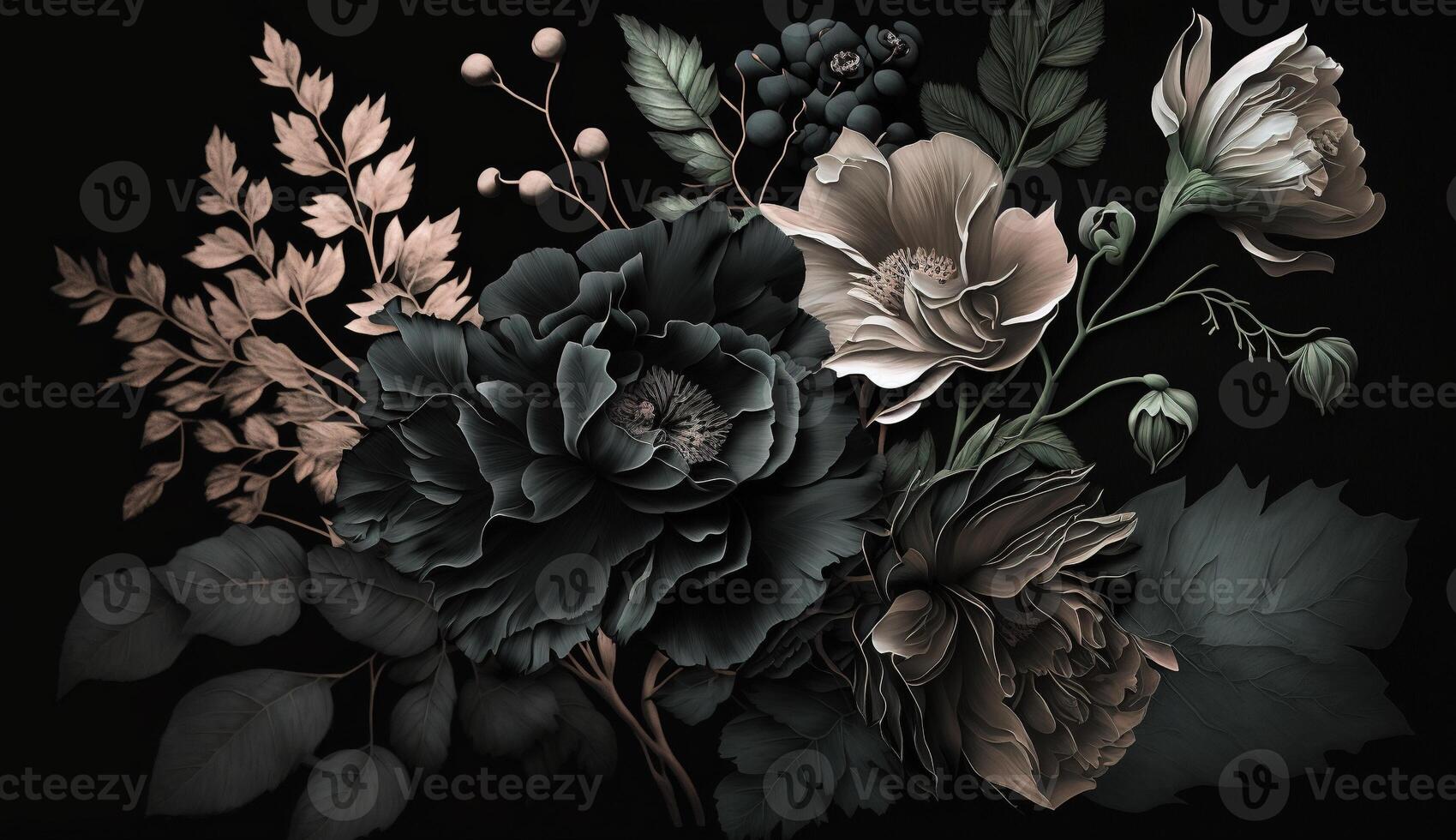 , Close up of blooming flowerbeds of amazing black flowers on dark gothic moody floral textured background. Photorealistic effect. photo