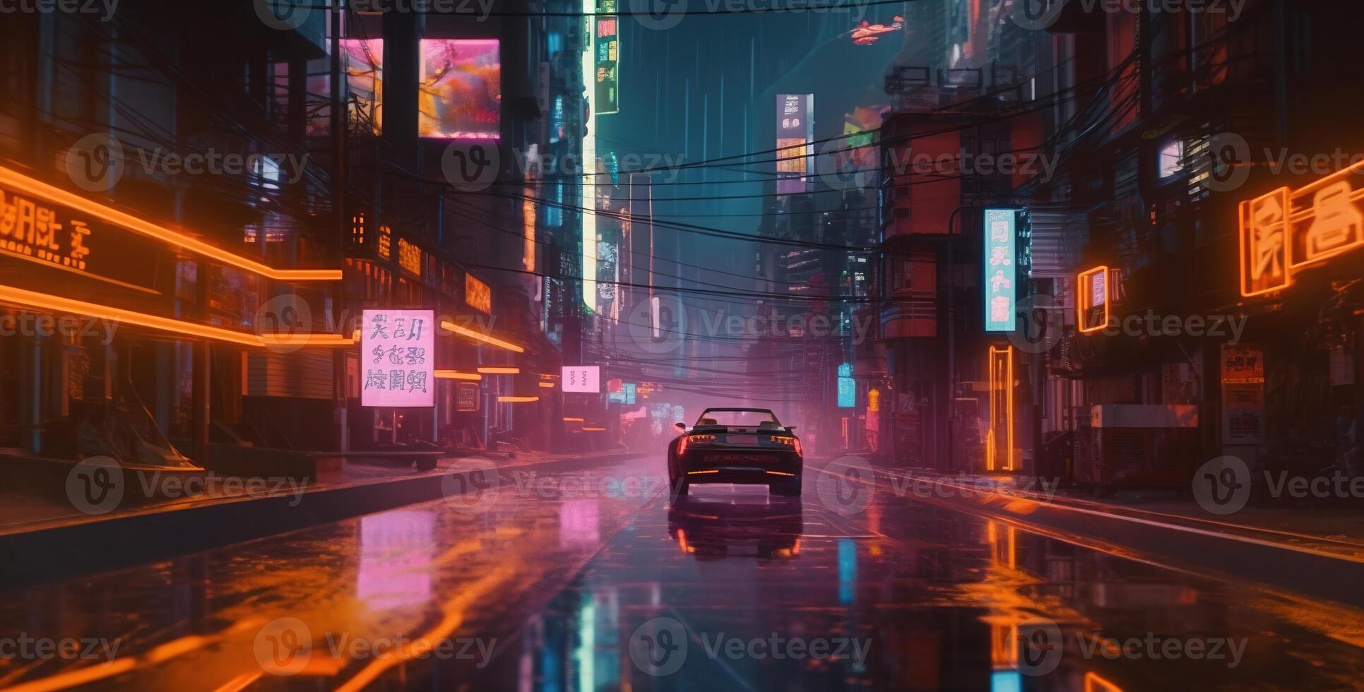 , Night scene of after rain city in cyberpunk style, futuristic nostalgic 80s, 90s. Neon lights vibrant colors, photorealistic horizontal illustration. photo