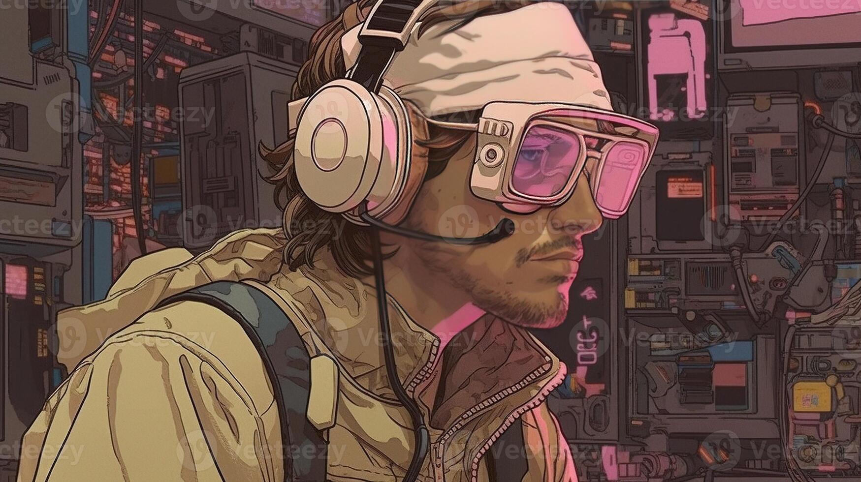 , person in glasses, cyberpunk anime style inspired by Josan Gonzalez. Light yellow and pink colors, virtual reality concept photo