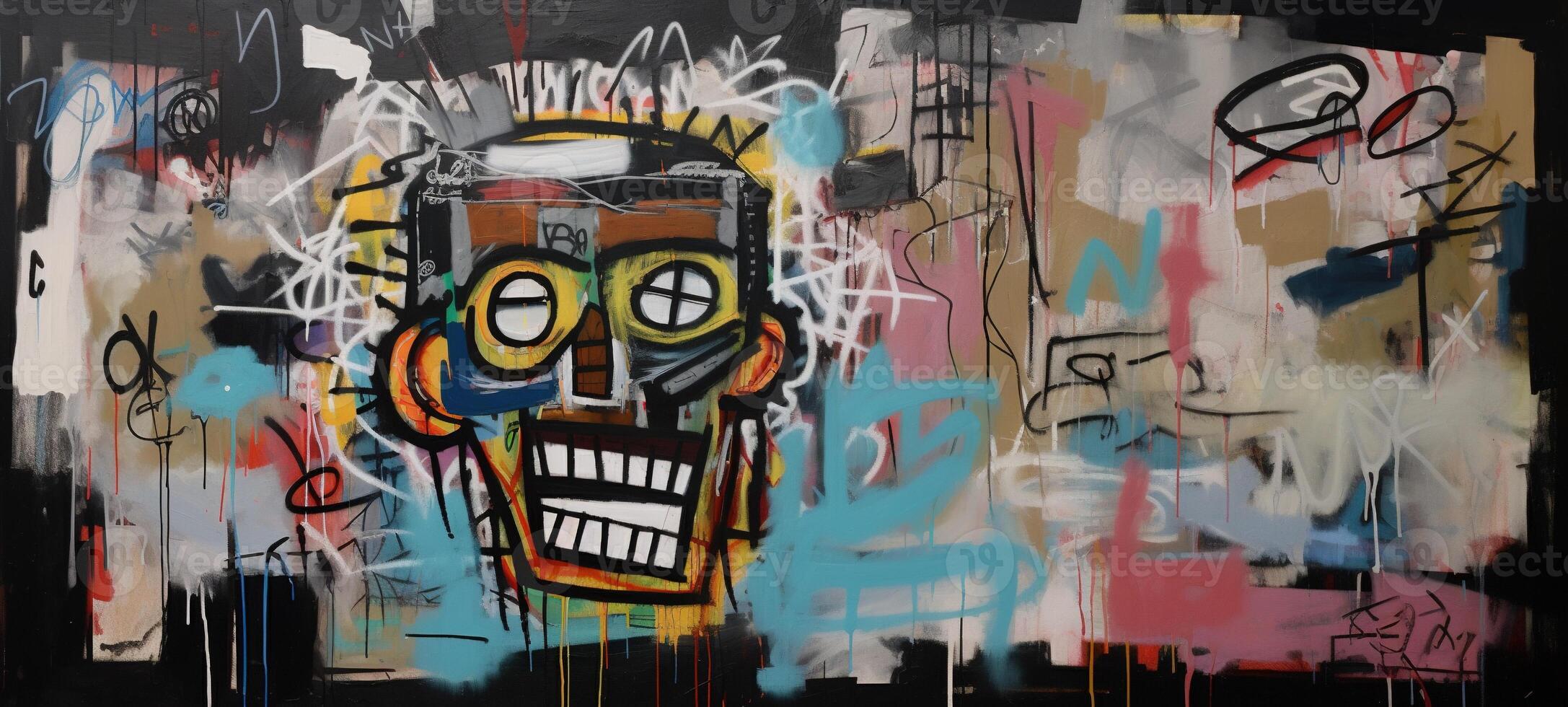 , street graffiti abstract art with ugly face on a textured wall vintage background, inspired by Jean-Michel Basquiat, New York urban style. photo