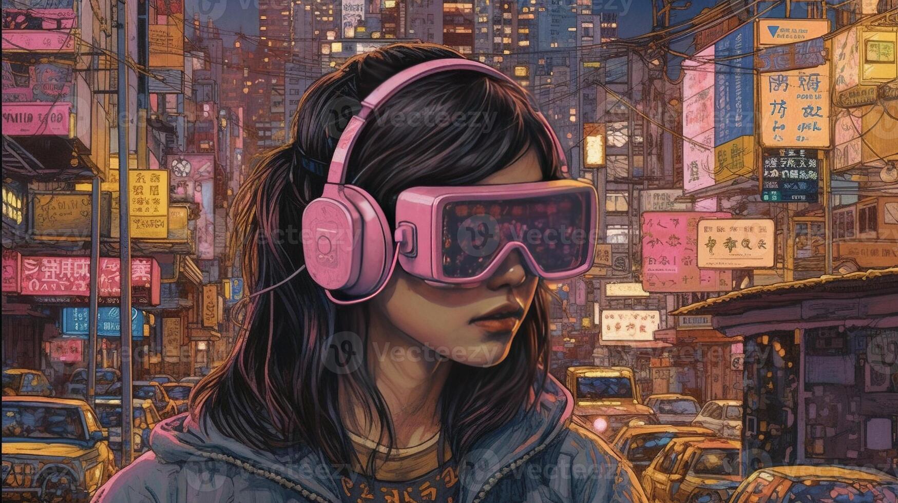 , person in glasses, cyberpunk anime style inspired by Josan Gonzalez. Light yellow and pink colors, virtual reality concept photo