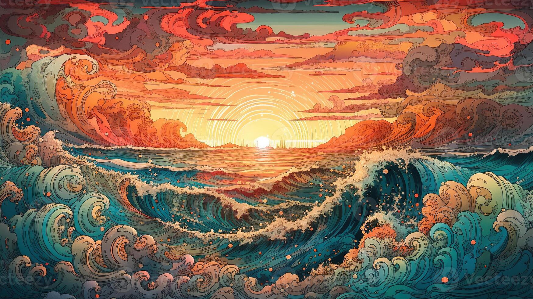 , ocean in the sunset linear illustration, psychedelic manga style, highly detailed. Anime colorful style photo