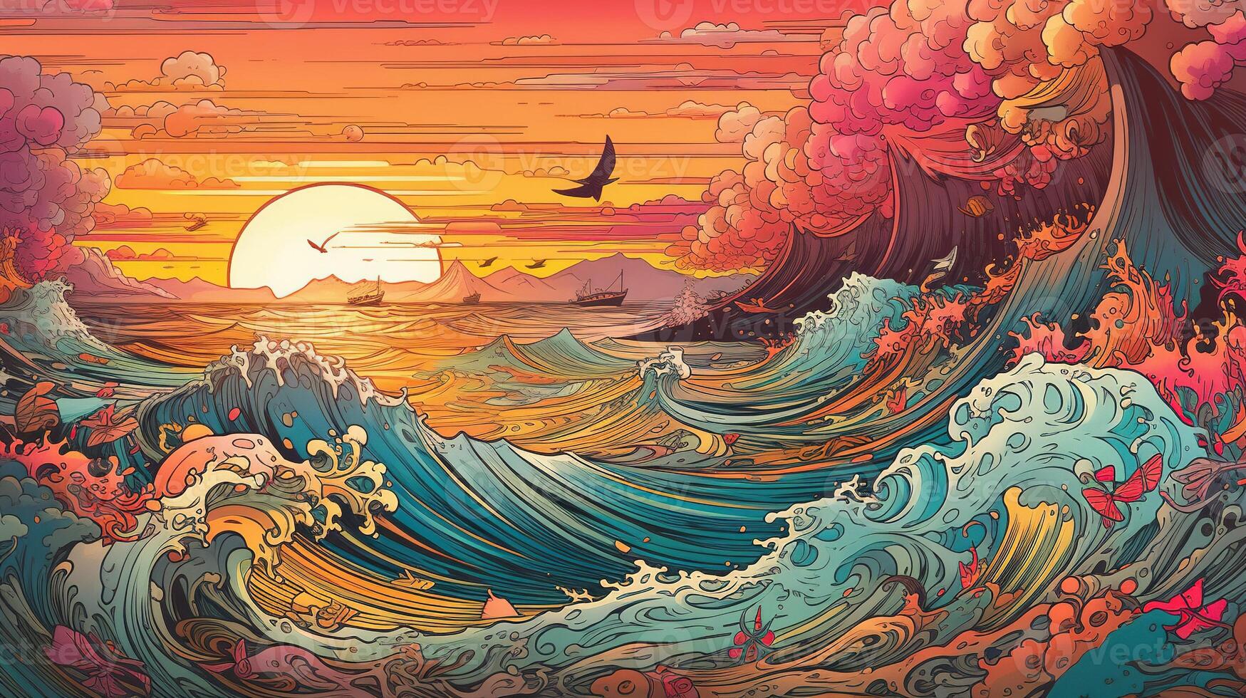 , ocean in the sunset linear illustration, psychedelic manga style, highly detailed. Anime colorful style photo