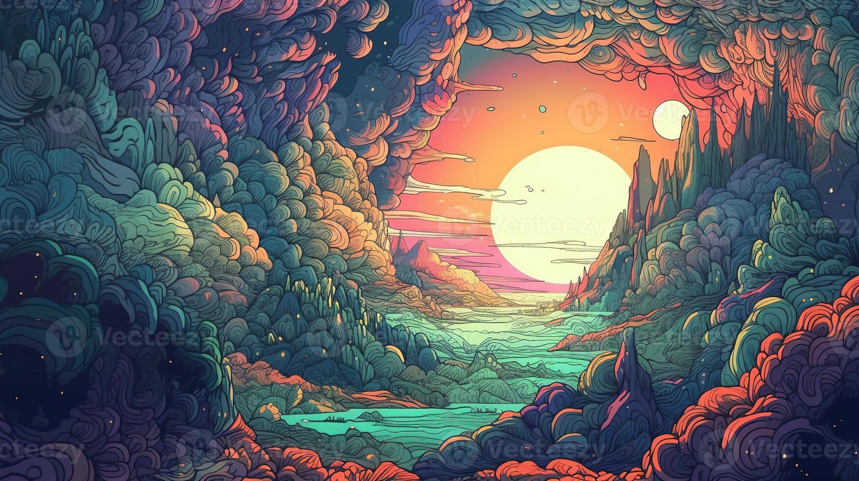 , Psychedelic Space banner template in anime manga line art style. Horizontal illustration of the future landscape with mountains, planets, trees, moon. Surrealist escapism concept. photo