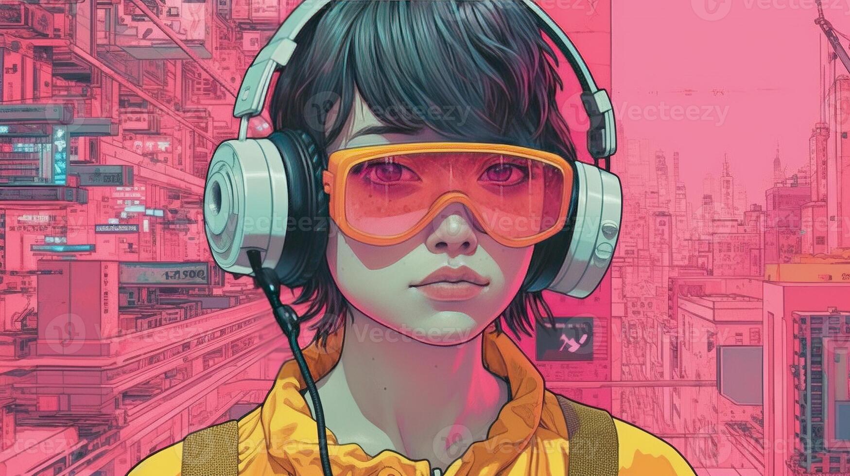 , person in glasses, cyberpunk anime style inspired by Josan Gonzalez. Light yellow and pink colors, virtual reality concept photo