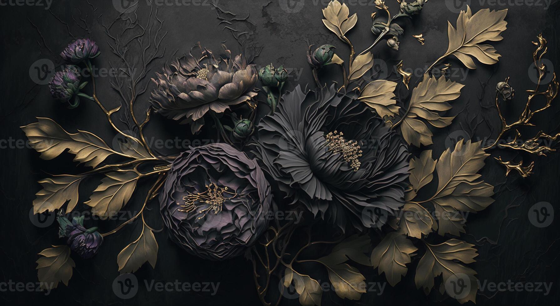 , Close up of blooming flowerbeds of amazing black flowers on dark gothic moody floral textured background. Photorealistic effect. photo