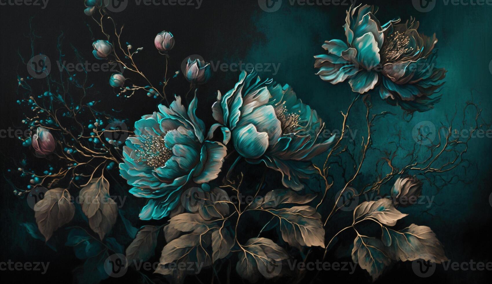 , Close up of blooming flowerbeds of amazing teal flowers on dark moody floral textured background. Photorealistic effect. photo