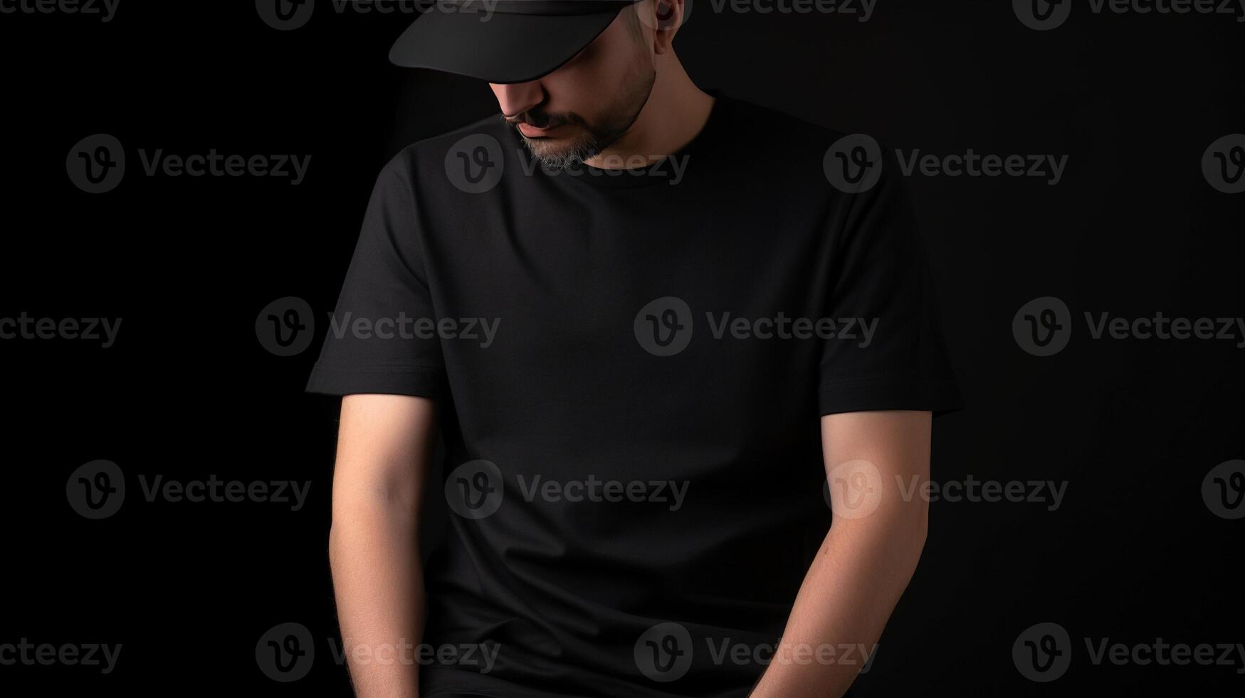 , Realistic black T-Shirt mock up blank put on young man, copyspace for presentation advertising. Blank business concept photo