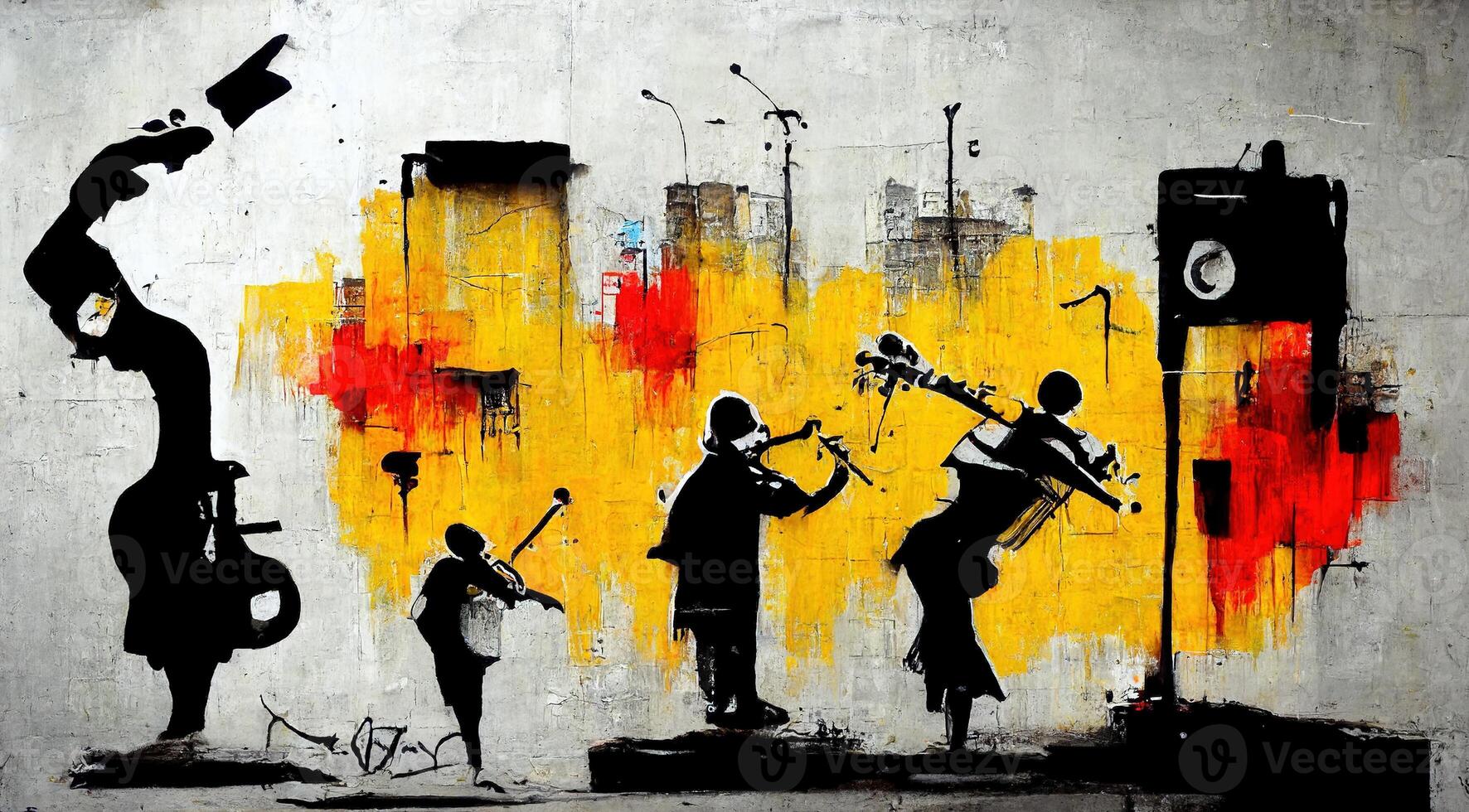 , Abstract Street art with keys and musical instruments silhouettes. Ink colorful graffiti art on a textured paper vintage background, inspired by Banksy photo