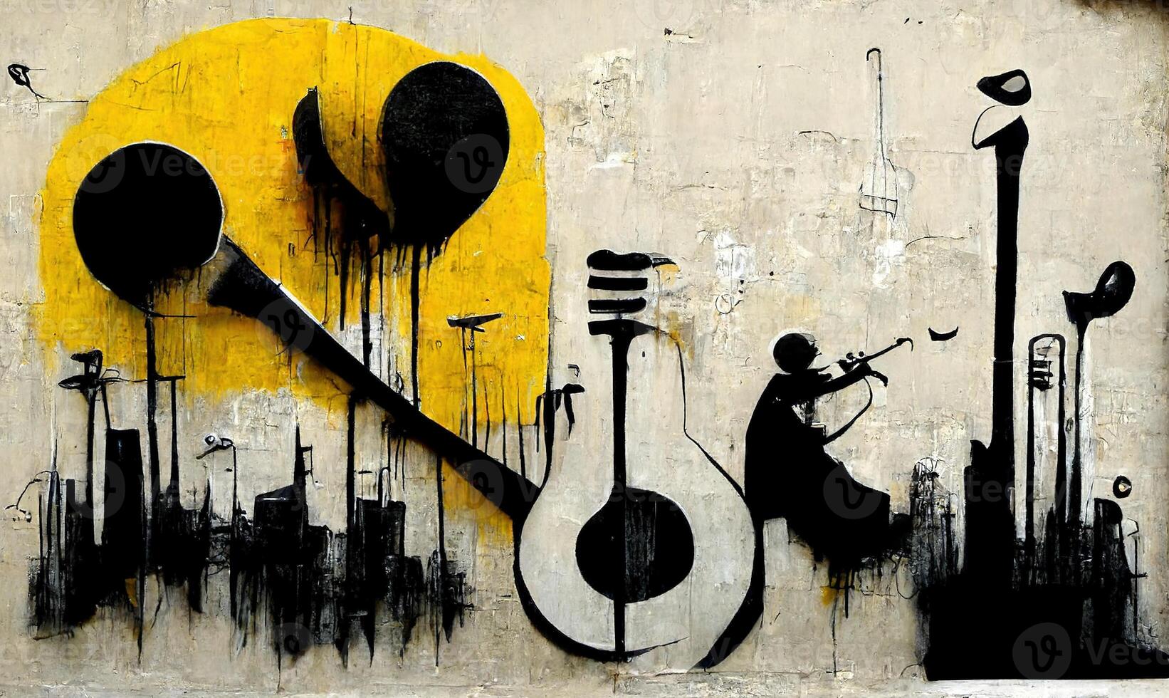 , Abstract Street art with keys and musical instruments silhouettes. Ink colorful graffiti art on a textured paper vintage background, inspired by Banksy photo