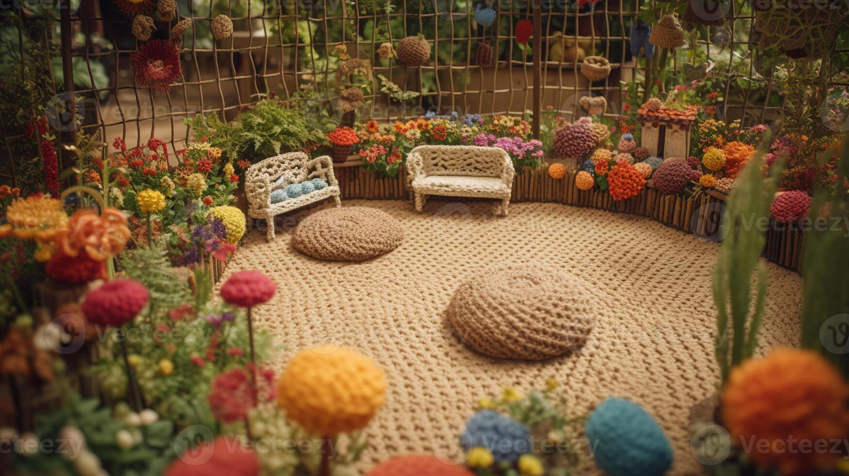 , cute garden made of crochet, plants, trees, flowers. Soft colors, dreamy scene landscape made of crochet materials, wool, fabric, yarn, sewing for background photo