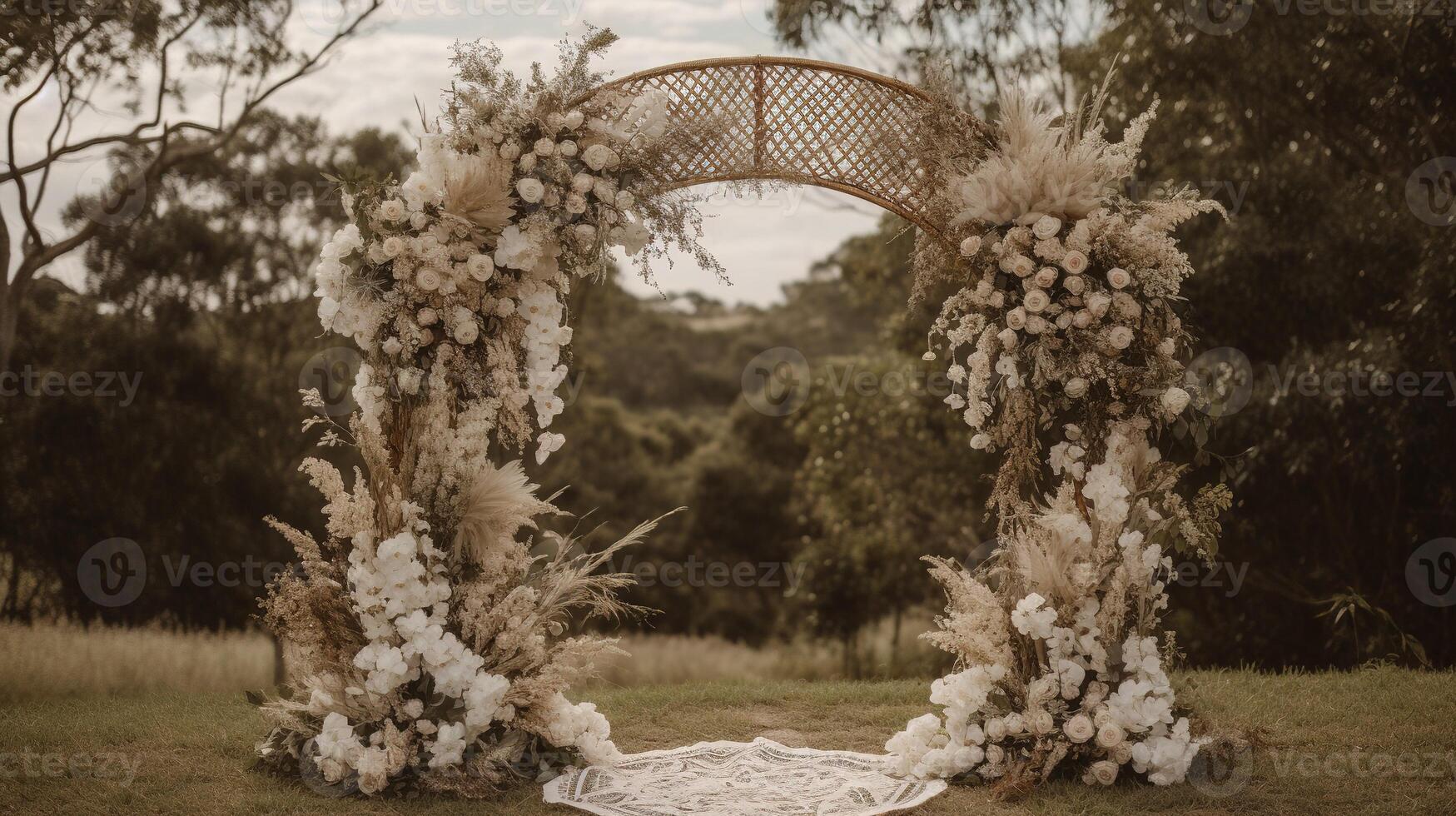 , Wedding ceremony boho rustic style arch with flowers and plants, flower bouquets. photo