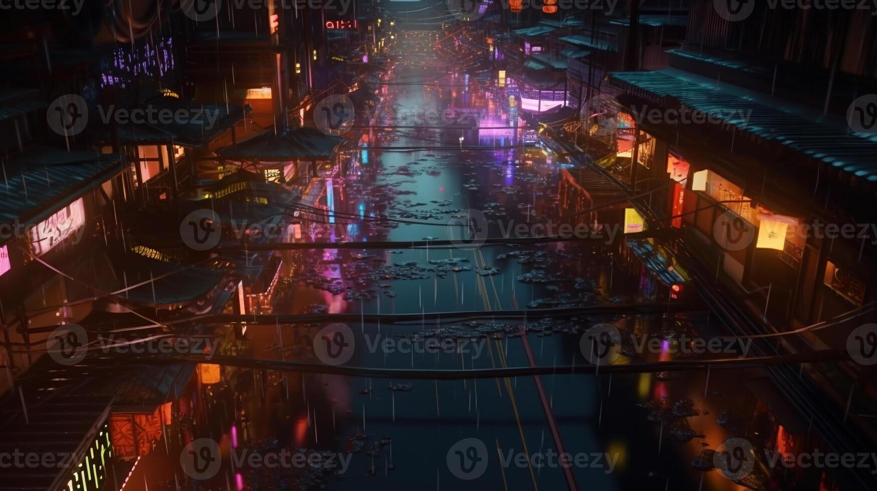 , Night scene of after rain city in cyberpunk style, futuristic nostalgic 80s, 90s. Neon lights vibrant colors, photorealistic horizontal illustration. photo