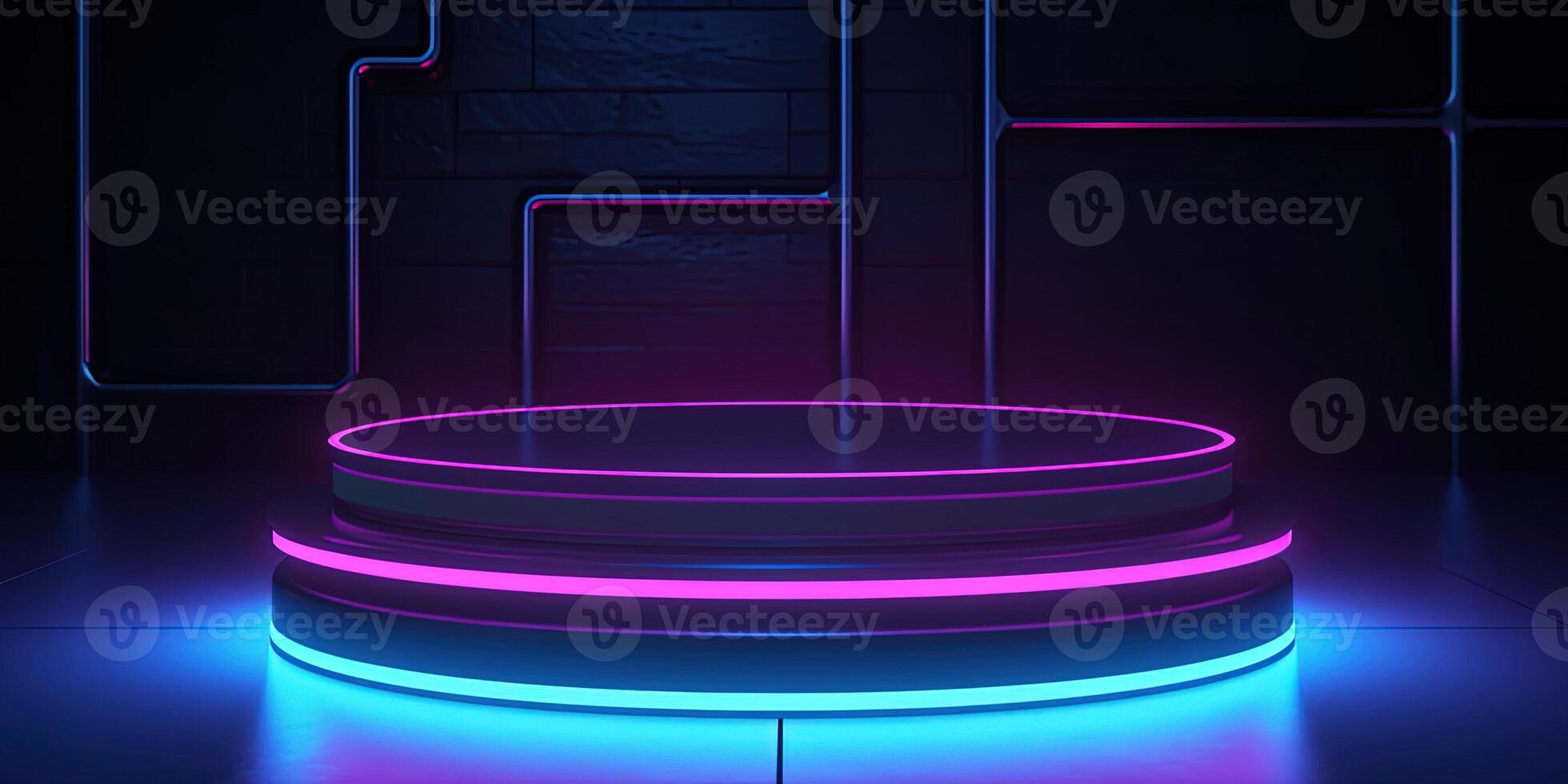 , Sci-Fi Futuristic neon glowing banner with podium. Abstract cyberpunk background for promotion goods. Mockup template photo