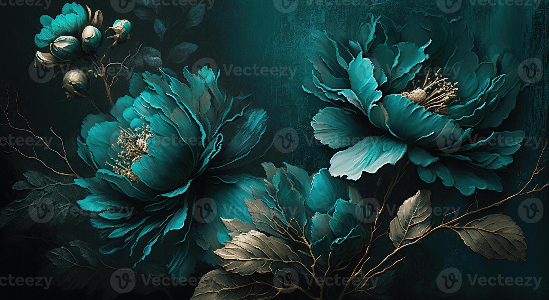 , Close up of blooming flowerbeds of amazing teal flowers on dark moody floral textured background. Photorealistic effect. photo