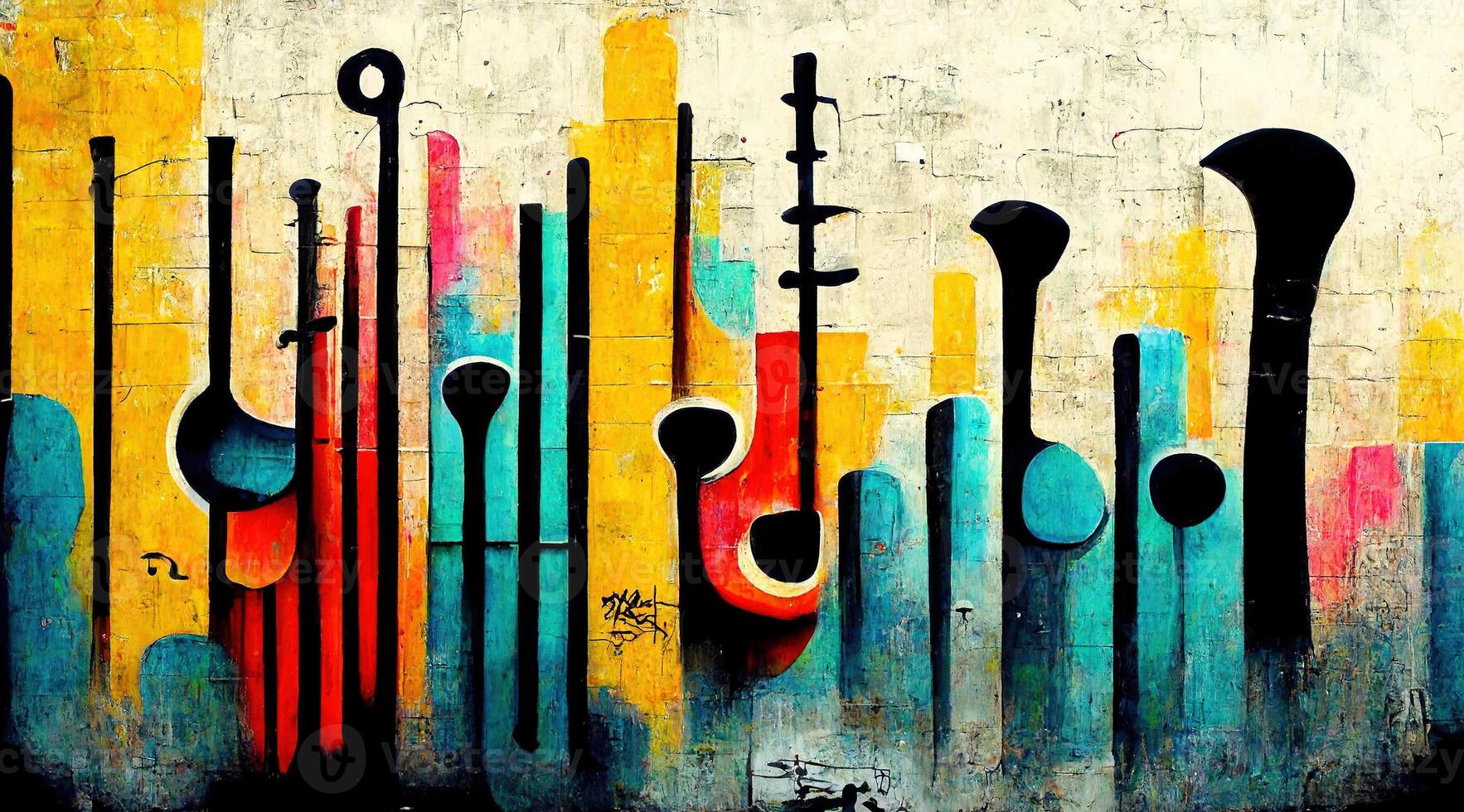 , Street art with keys and musical instruments silhouettes. Ink colorful graffiti art on a textured paper vintage background, inspired by Banksy photo