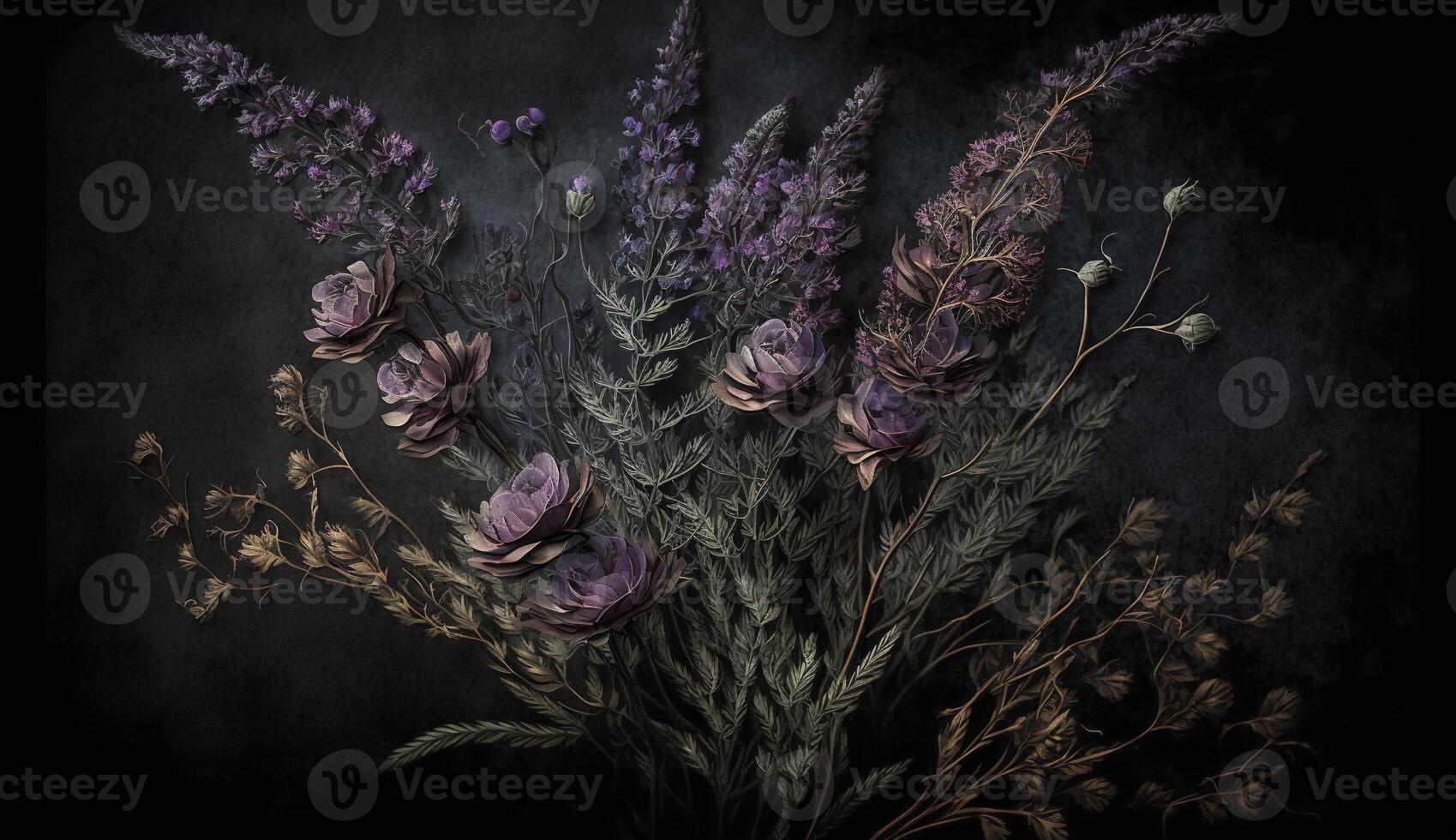 generativo ai, cerca arriba de floreciente Camas de flores de increíble lavanda púrpura flores en oscuro temperamental floral texturizado antecedentes. fotorrealista efecto. foto