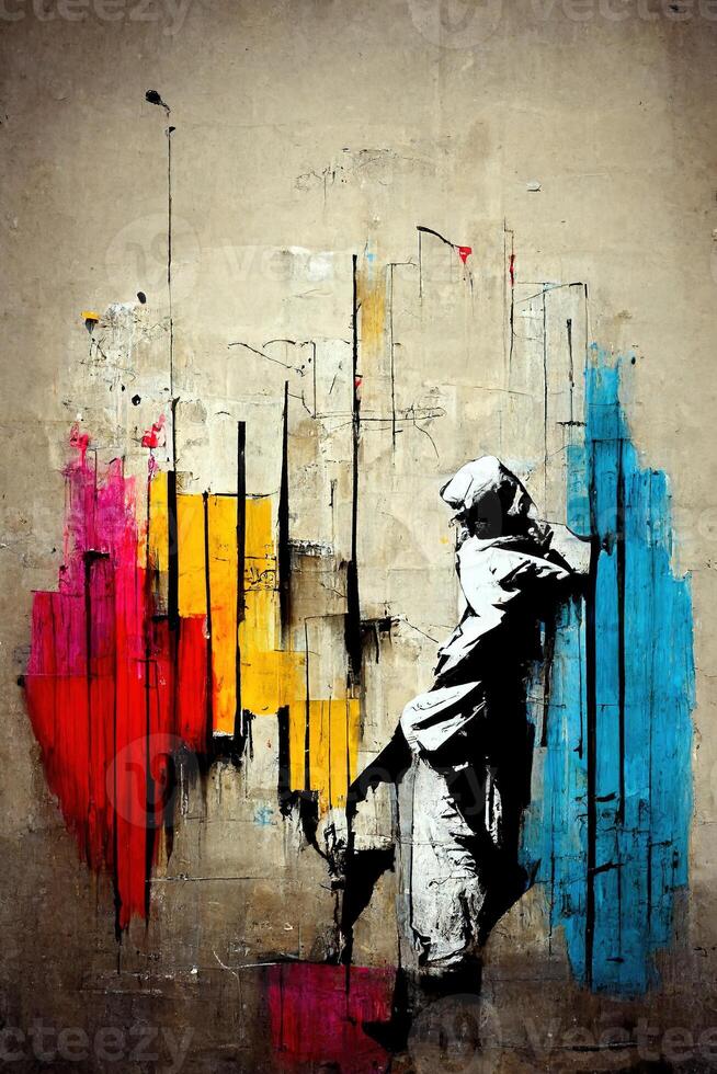 , Ink black street graffiti art on a textured paper vintage background, inspired by Banksy. Vertical poster. photo