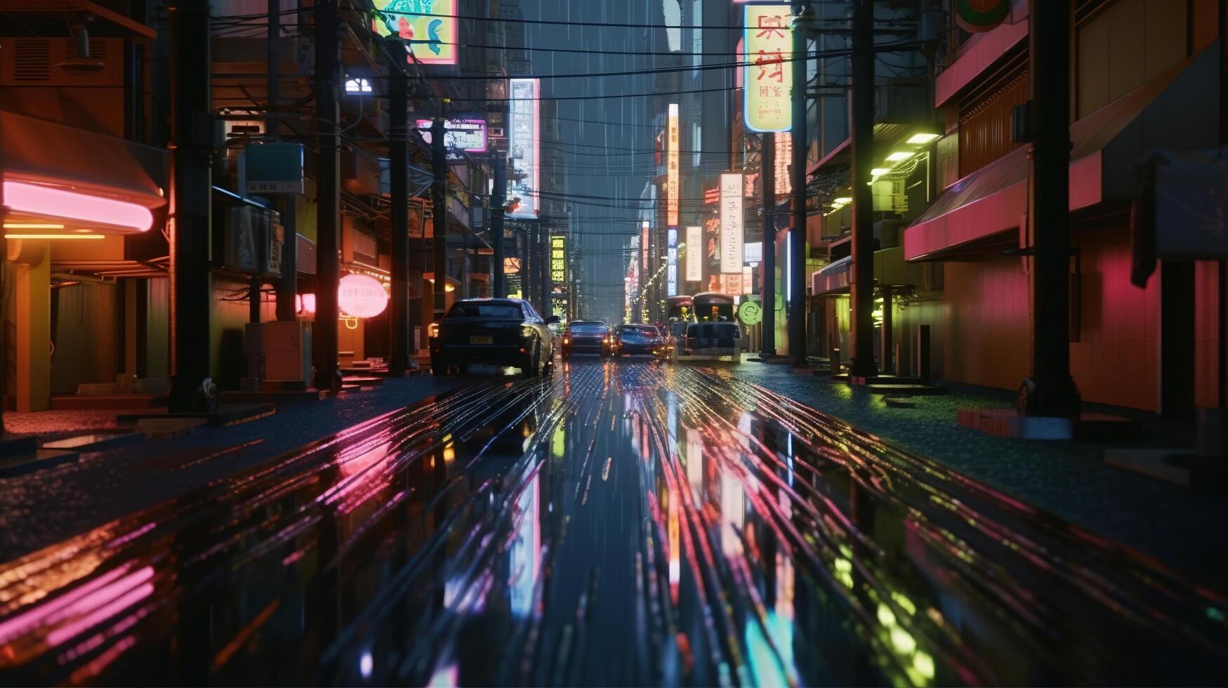 , Night scene of after rain city in cyberpunk style, futuristic nostalgic 80s, 90s. Neon lights vibrant colors, photorealistic horizontal illustration. photo