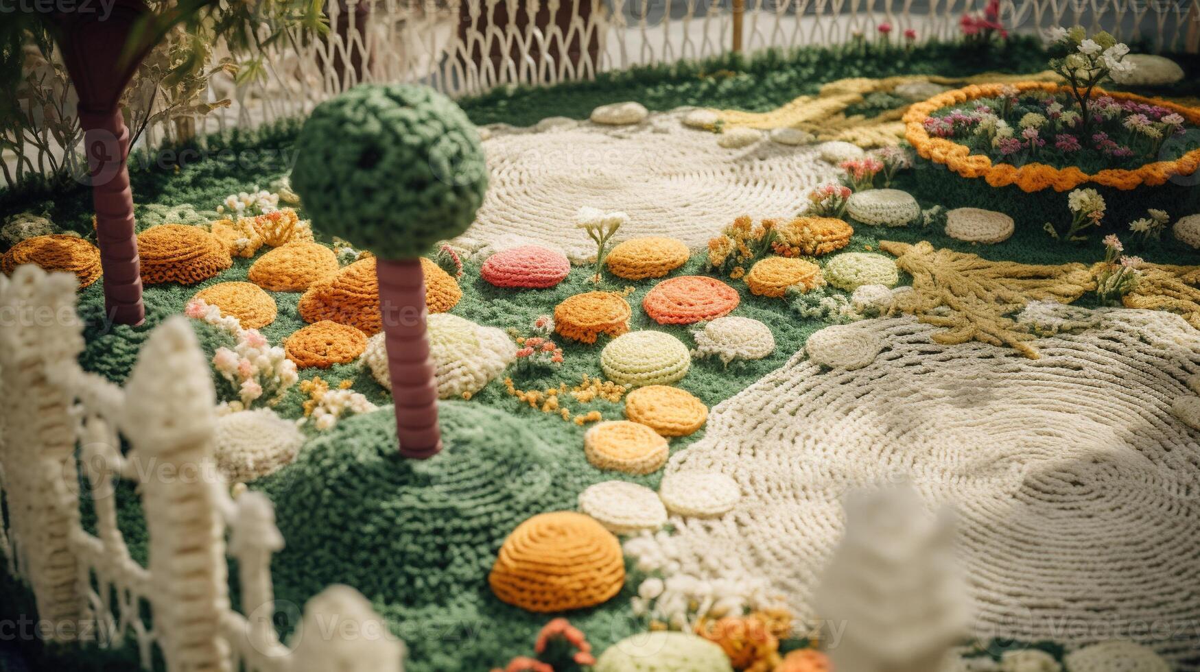 , cute garden made of crochet, plants, trees, flowers. Soft colors, dreamy scene landscape made of crochet materials, wool, fabric, yarn, sewing for background photo