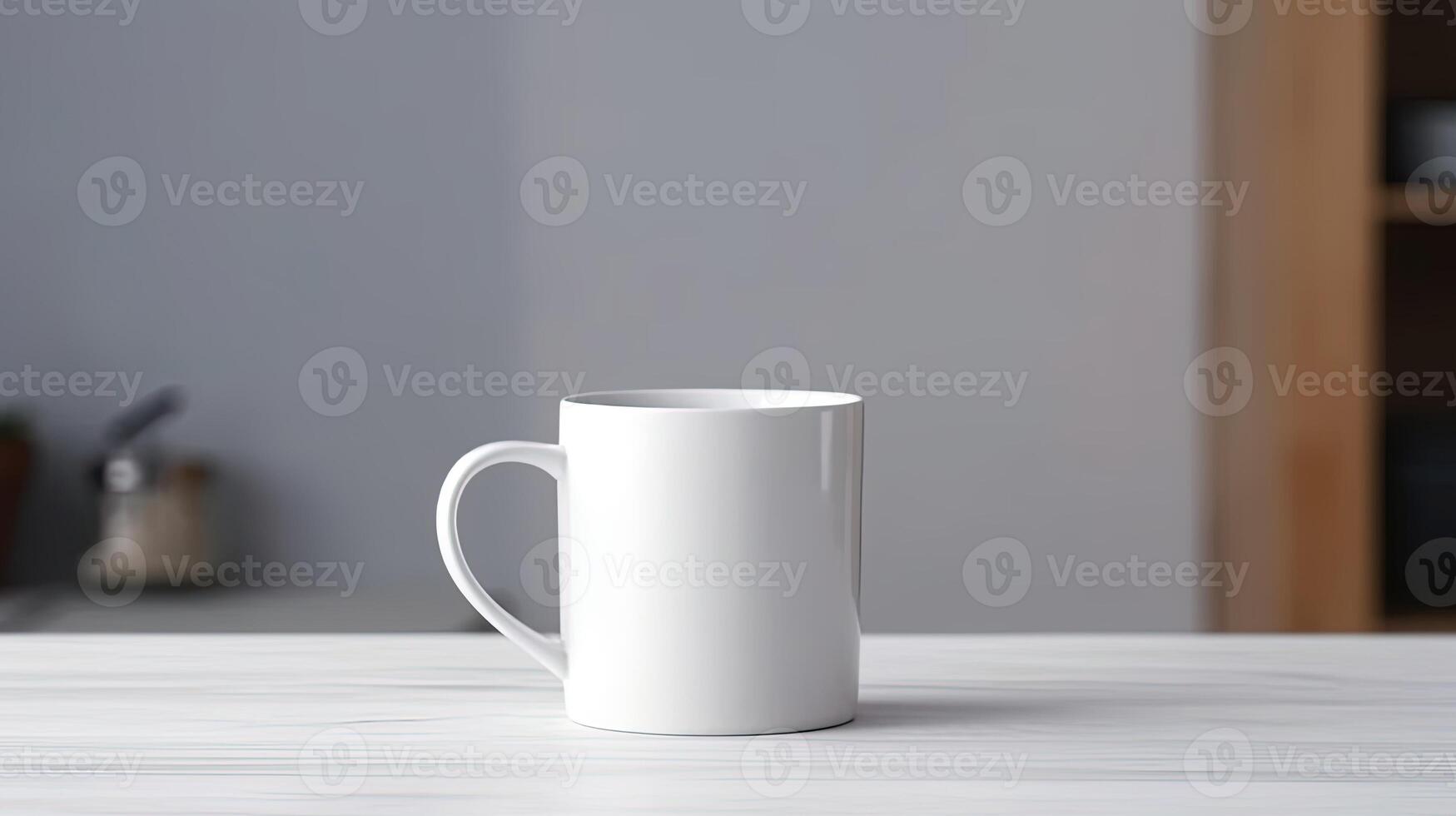 , White ceramic cup set-up in at home interior, mug mock up blank. photo