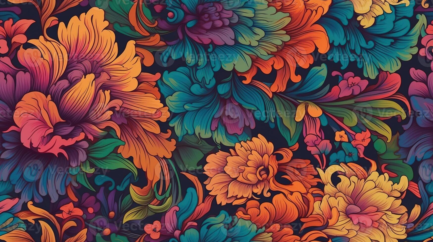 , Floral colorful seamless pattern. Lisa Frank and James Jean inspired natural plants and flowers background, Psychedelic illustration. Foliage ornament. photo