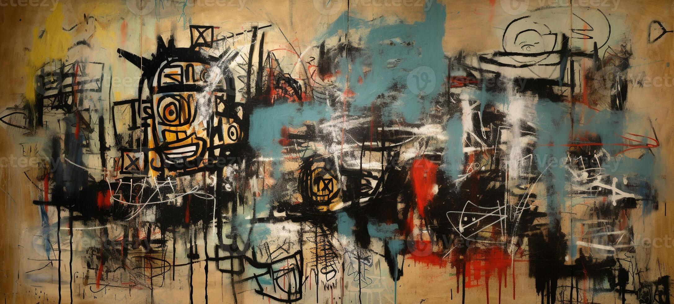 , street graffiti abstract art with ugly face on a textured wall vintage background, inspired by Jean-Michel Basquiat, New York urban style. photo