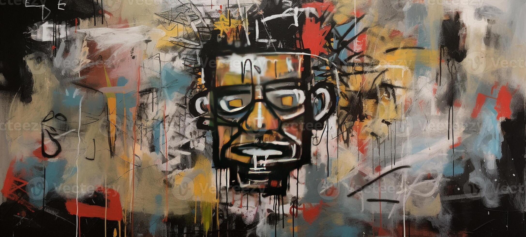 , street graffiti abstract art with ugly face on a textured wall vintage background, inspired by Jean-Michel Basquiat, New York urban style. photo