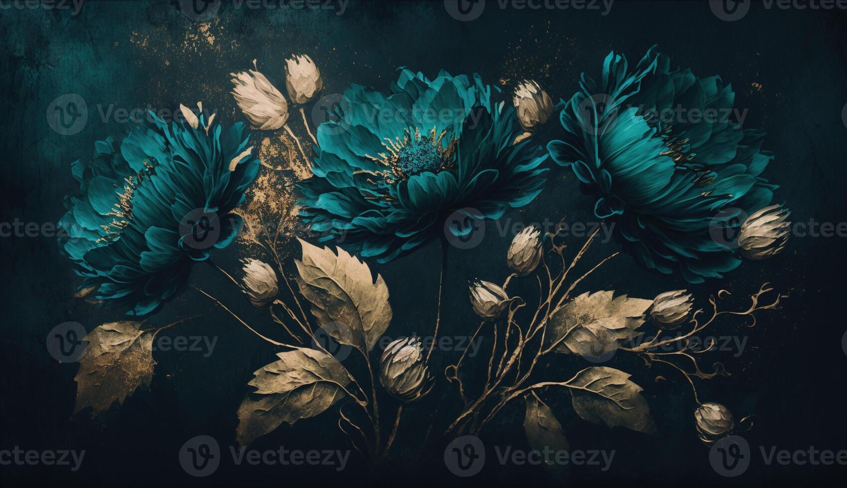 , Close up of blooming flowerbeds of amazing teal flowers on dark moody floral textured background. Photorealistic effect. photo