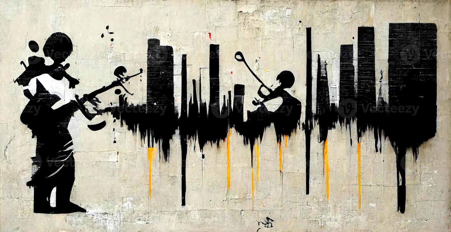 , Abstract Street art with keys and musical instruments silhouettes. Ink colorful graffiti art on a textured paper vintage background, inspired by Banksy photo