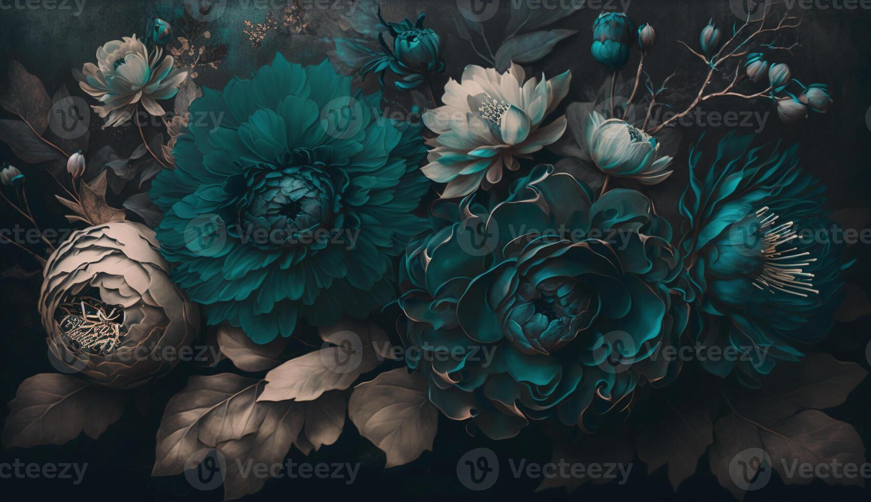 , Close up of blooming flowerbeds of amazing teal flowers on dark moody floral textured background. Photorealistic effect. photo