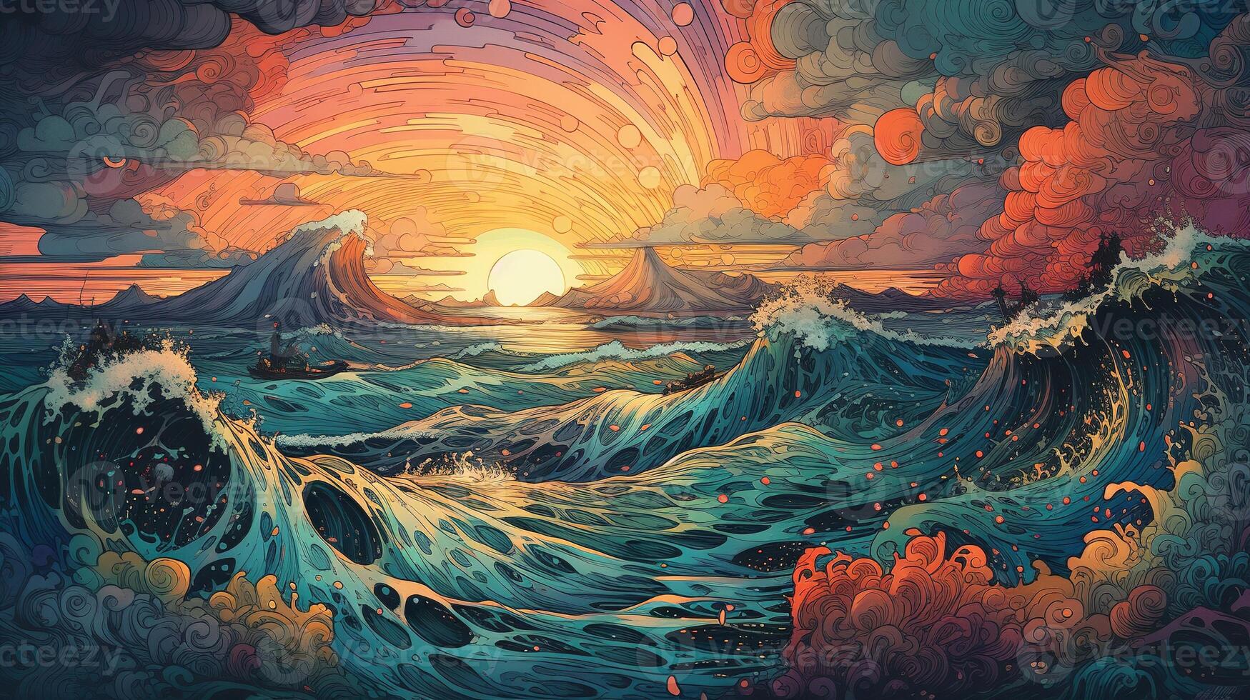 , ocean in the sunset linear illustration, psychedelic manga style, highly detailed. Anime colorful style photo