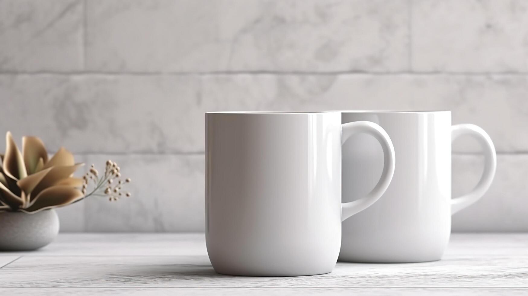 , White ceramic cup set-up in at home interior, mug mock up blank. photo