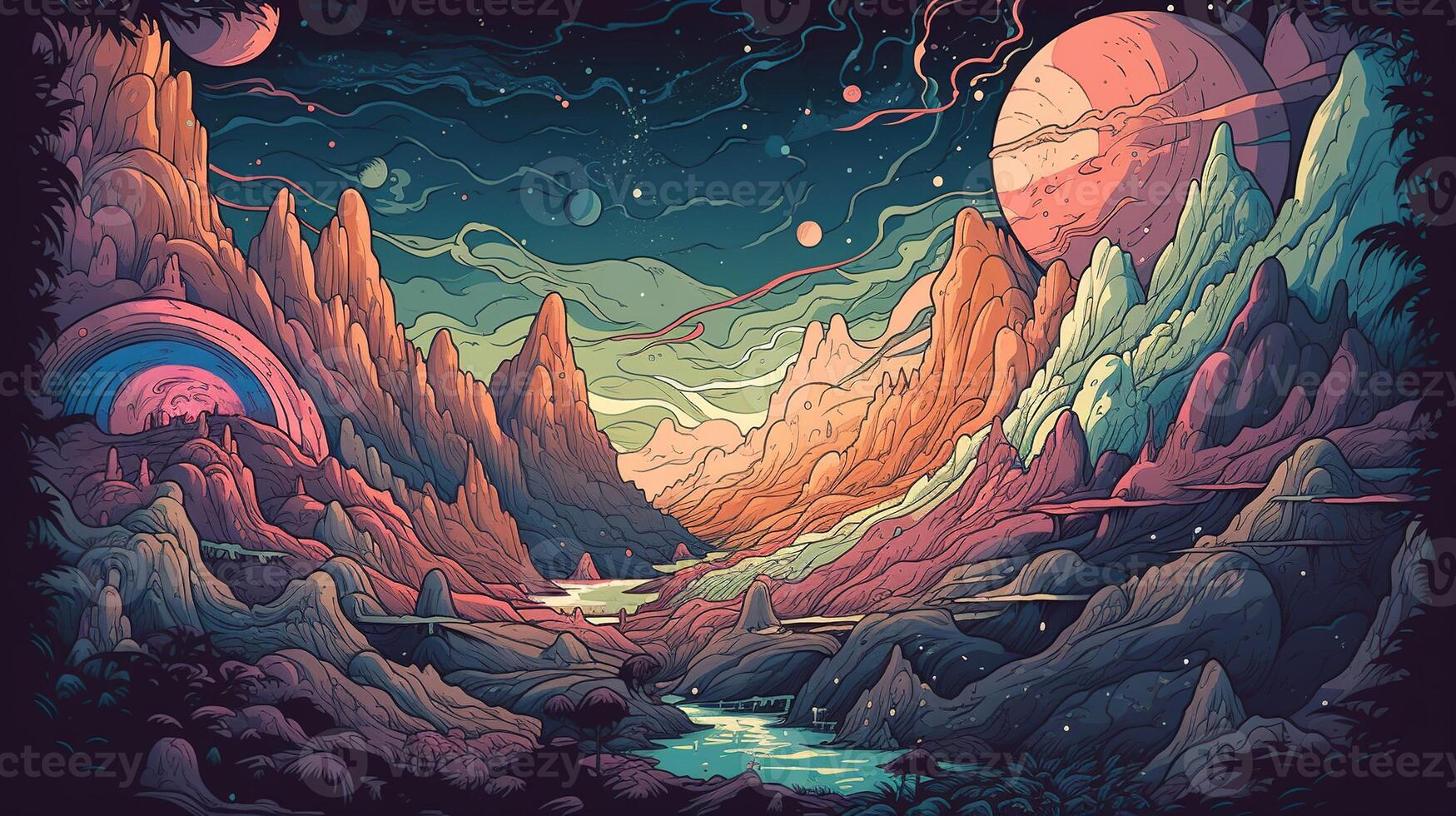 , Psychedelic Space banner template in anime manga line art style. Horizontal illustration of the future landscape with mountains, planets, trees, moon. Surrealist escapism concept. photo