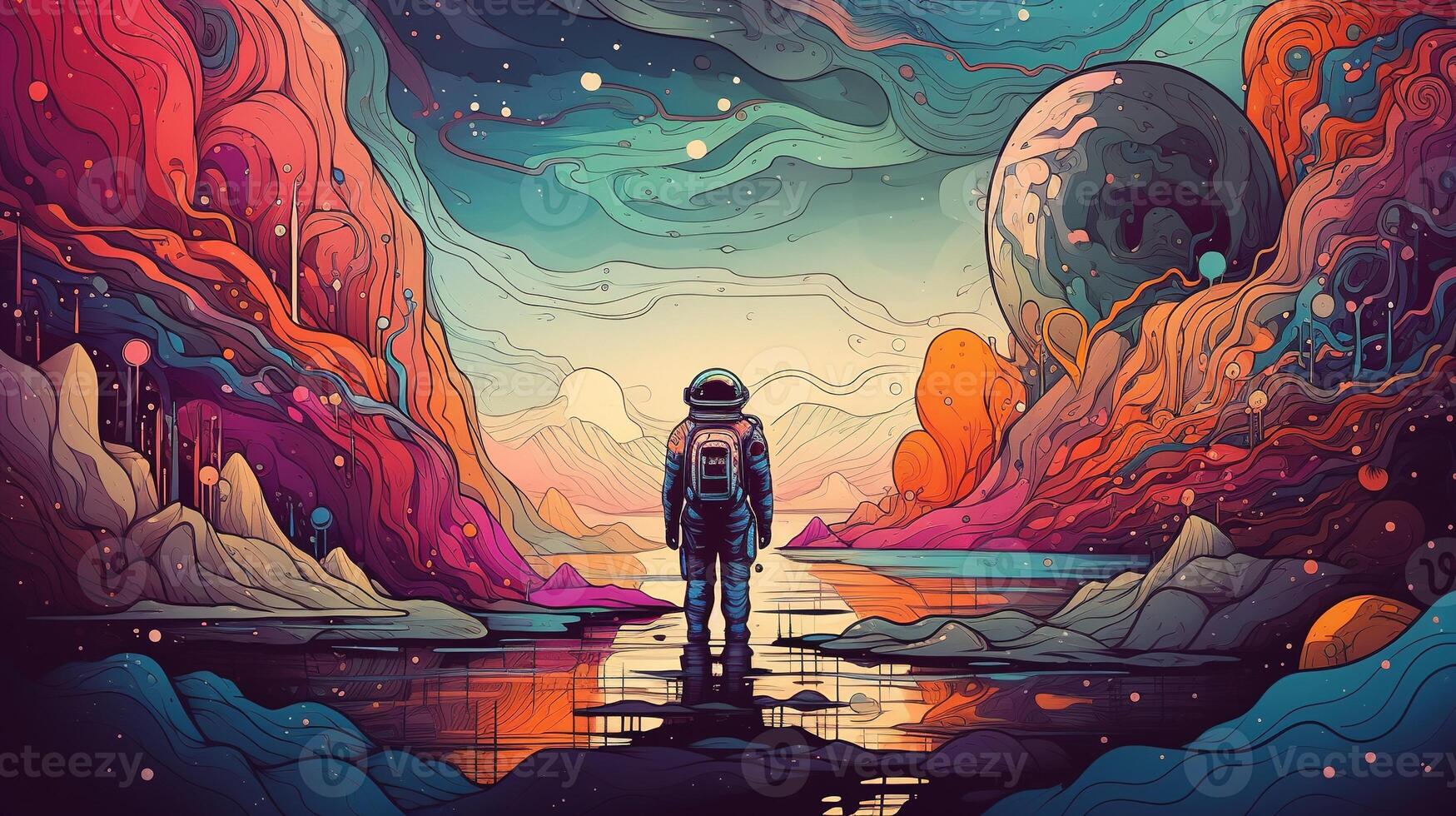 , Psychedelic Space banner template in anime manga line art style. Horizontal illustration of the future landscape with mountains, planets, trees, moon. Surrealist escapism concept. photo