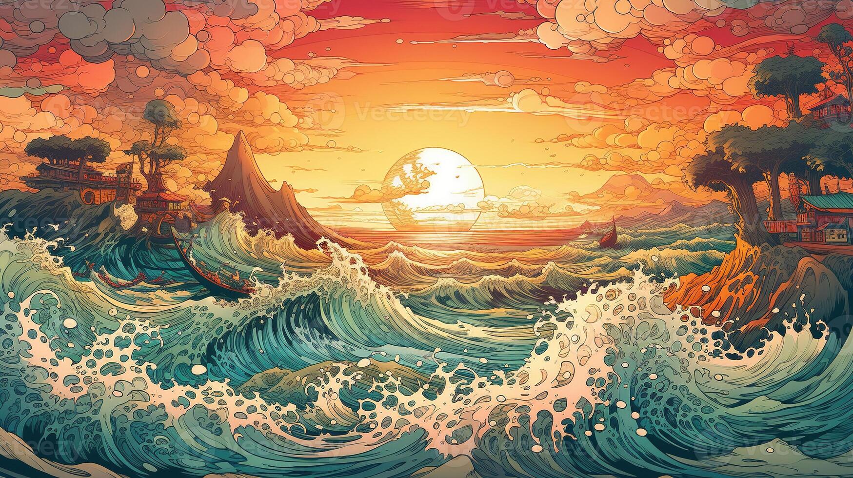 , ocean in the sunset linear illustration, psychedelic manga style, highly detailed. Anime colorful style photo