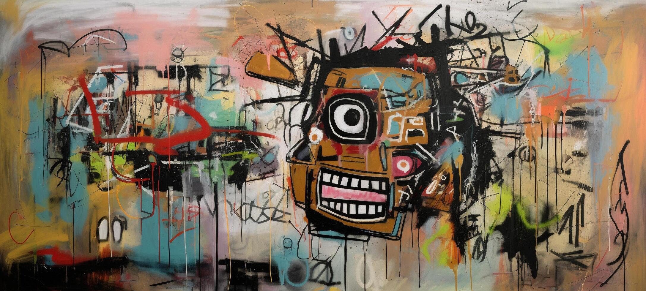 , street graffiti abstract art with ugly face on a textured wall vintage background, inspired by Jean-Michel Basquiat, New York urban style. photo