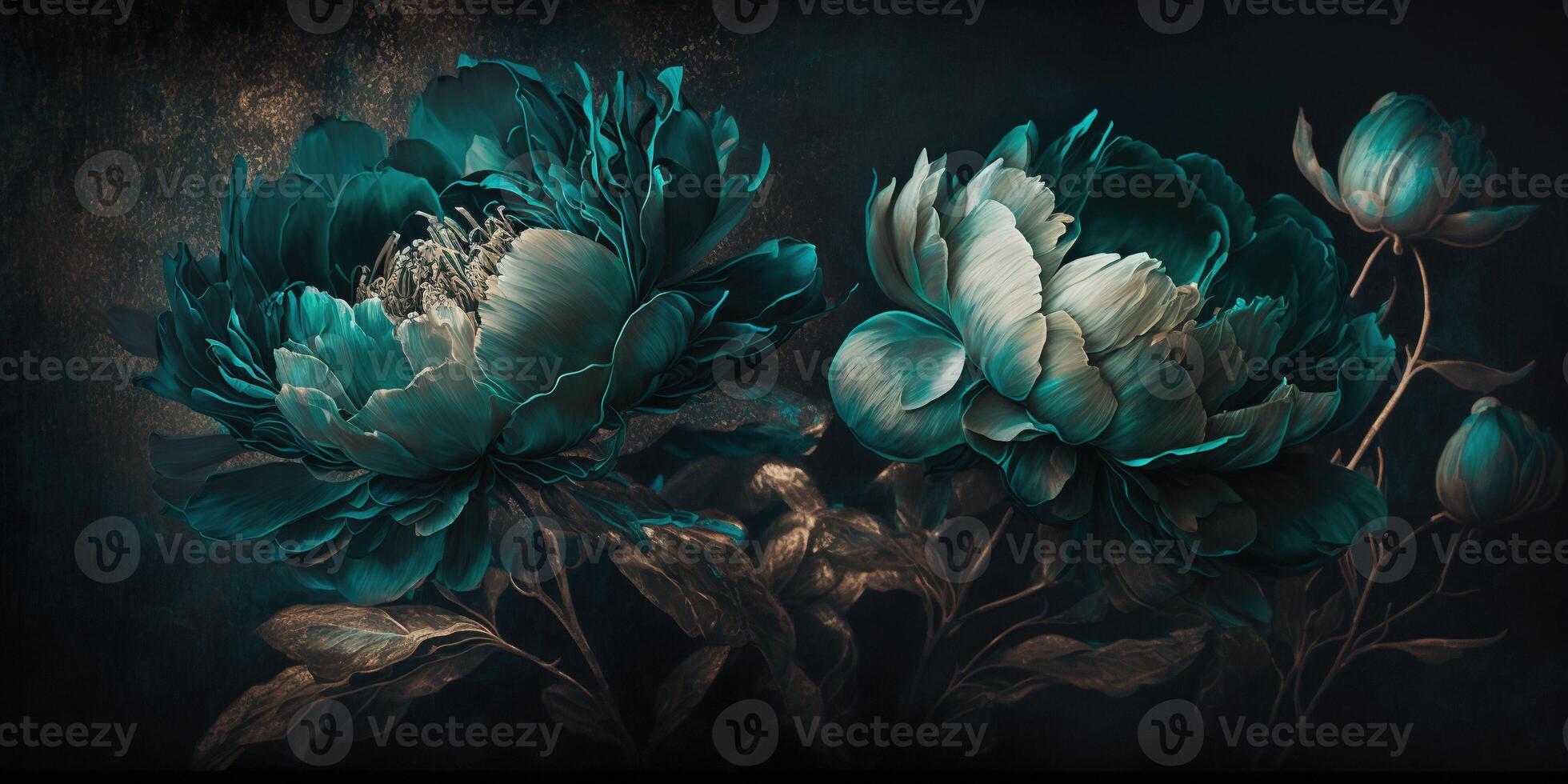 , Close up of blooming flowerbeds of amazing teal flowers on dark moody floral textured background. Photorealistic effect. photo