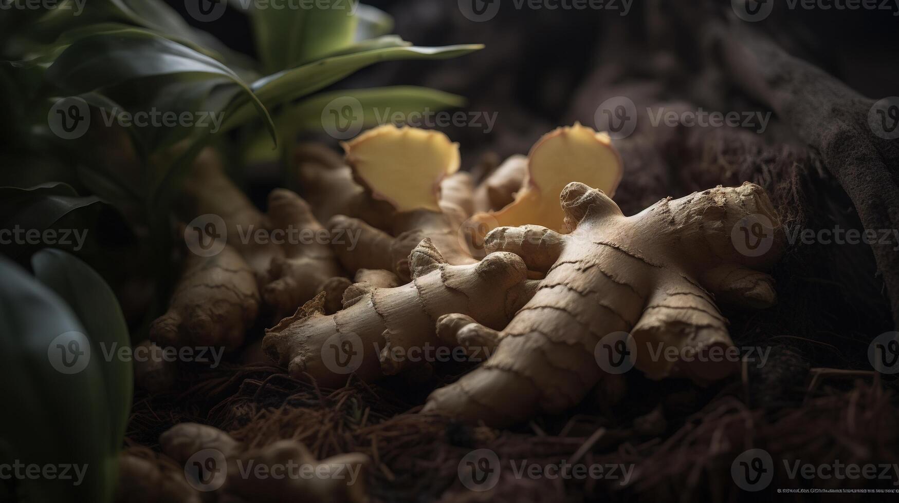 , ginger root spice photorealistic illustartion on dark background. photo