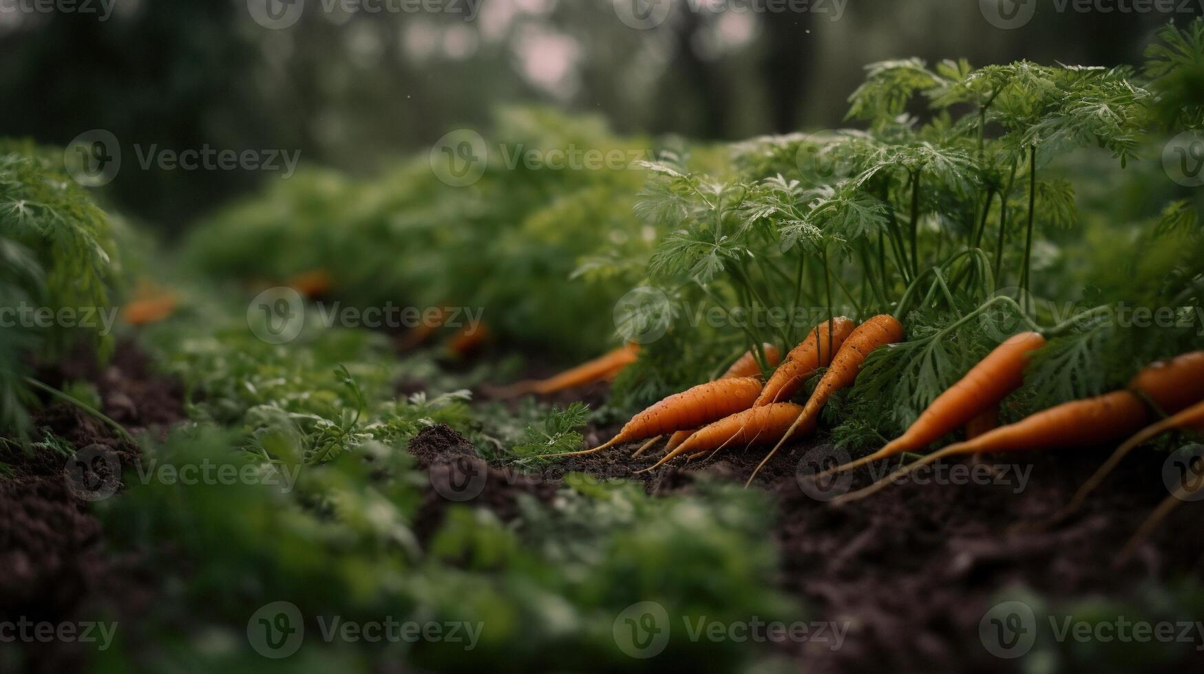 , Row of fresh carrots with green leafs on the ground, vegetables in the garden, a good harvest of eco products. photo